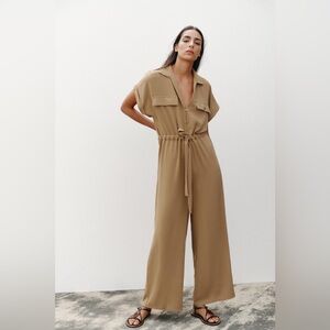 ZARA Khaki Pocket Jumpsuit V Neck Sz M NEW